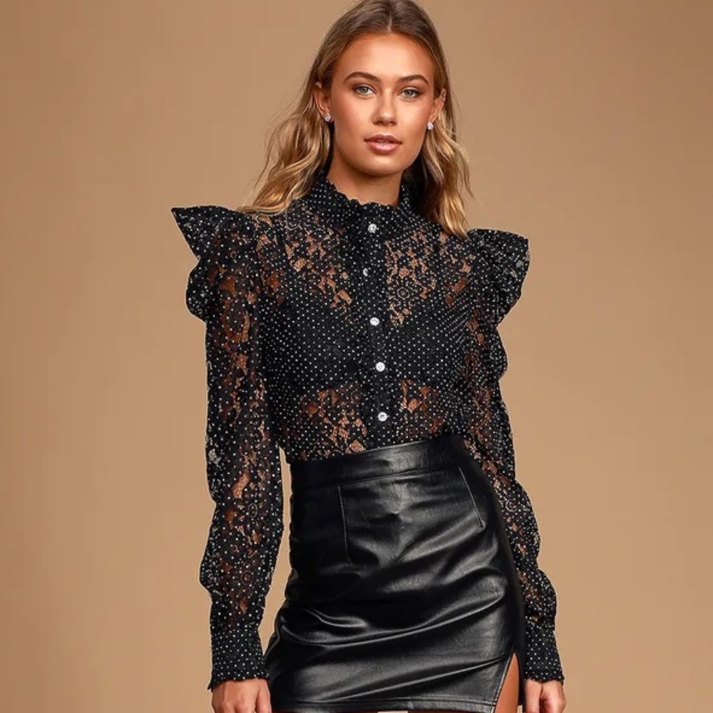 Black and White Lace Button-Up Polka Dot Top